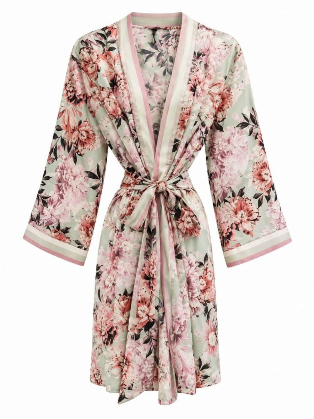 NWT iCollection Short 3/4 Sleeve Satin Robe Sz L Gray Pink Sleepwear Loungewear
